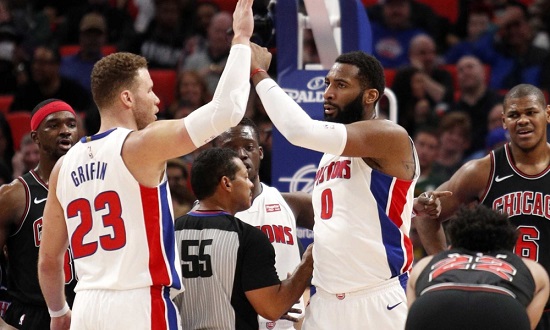 Mar 24, 2018; Detroit, MI, USA; Detroit Pistons center Andre Drummond (0) celebrates with forward Blake Griffin (23) after a play during the third quarter against Chicago Bulls center Cristiano Felicio (6) at Little Caesars Arena. Mandatory Credit: Raj Mehta-USA TODAY Sports